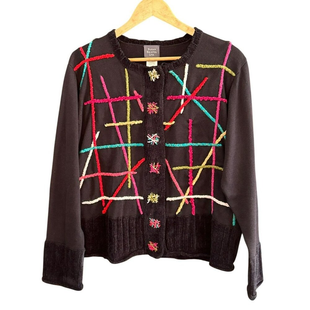 Susan Bristol Ltd. XL Hand Embroidered Black Cardigan Sweater